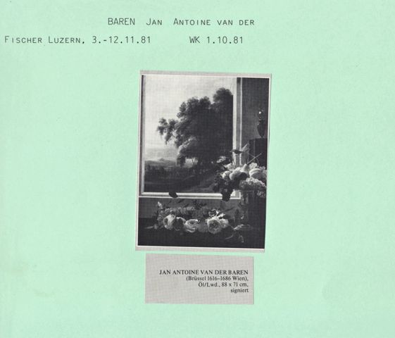 Anonimo — Baren Johannes Antonius van der - sec. XVII - Natura morta con corona di fiori e alzata di frutta davanti a una finestra — insieme
